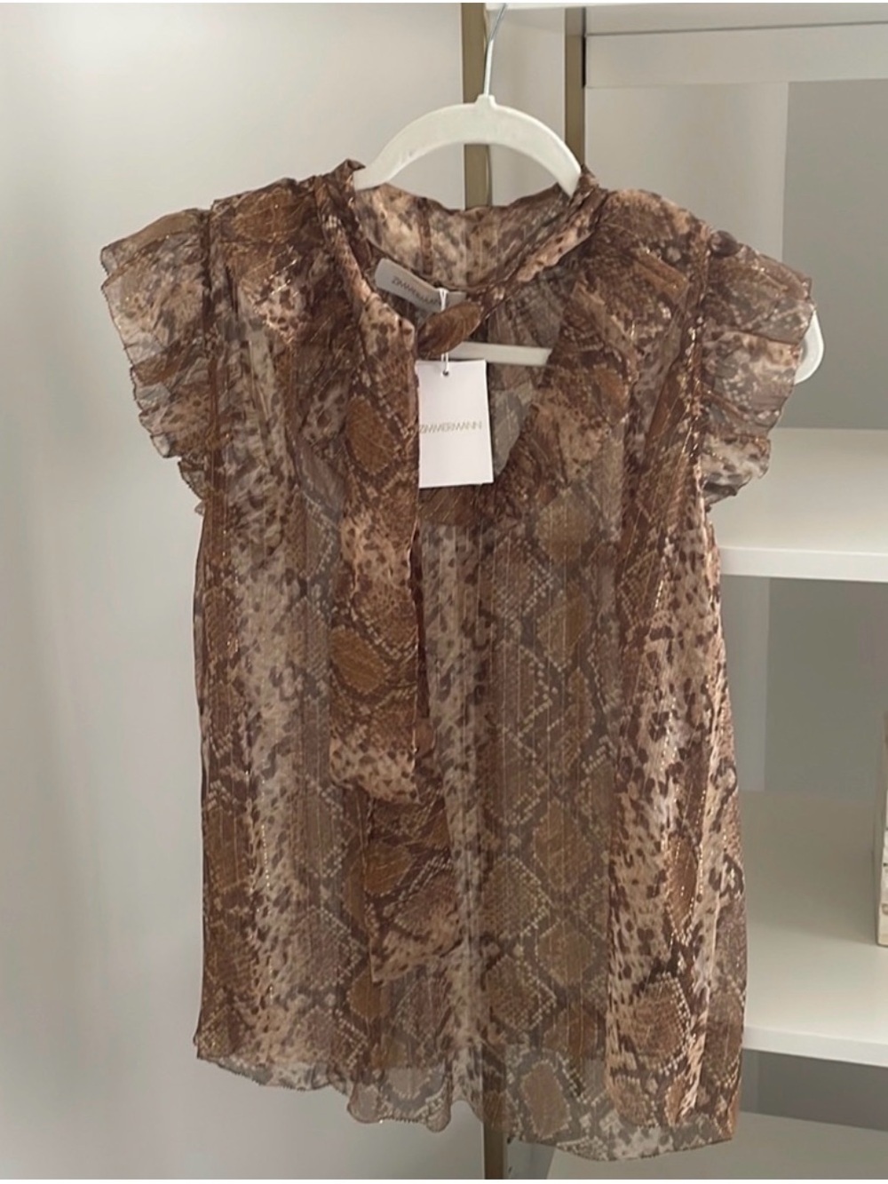 Zimmerman Sleeveless Python Print Tie-Neck Blouse
